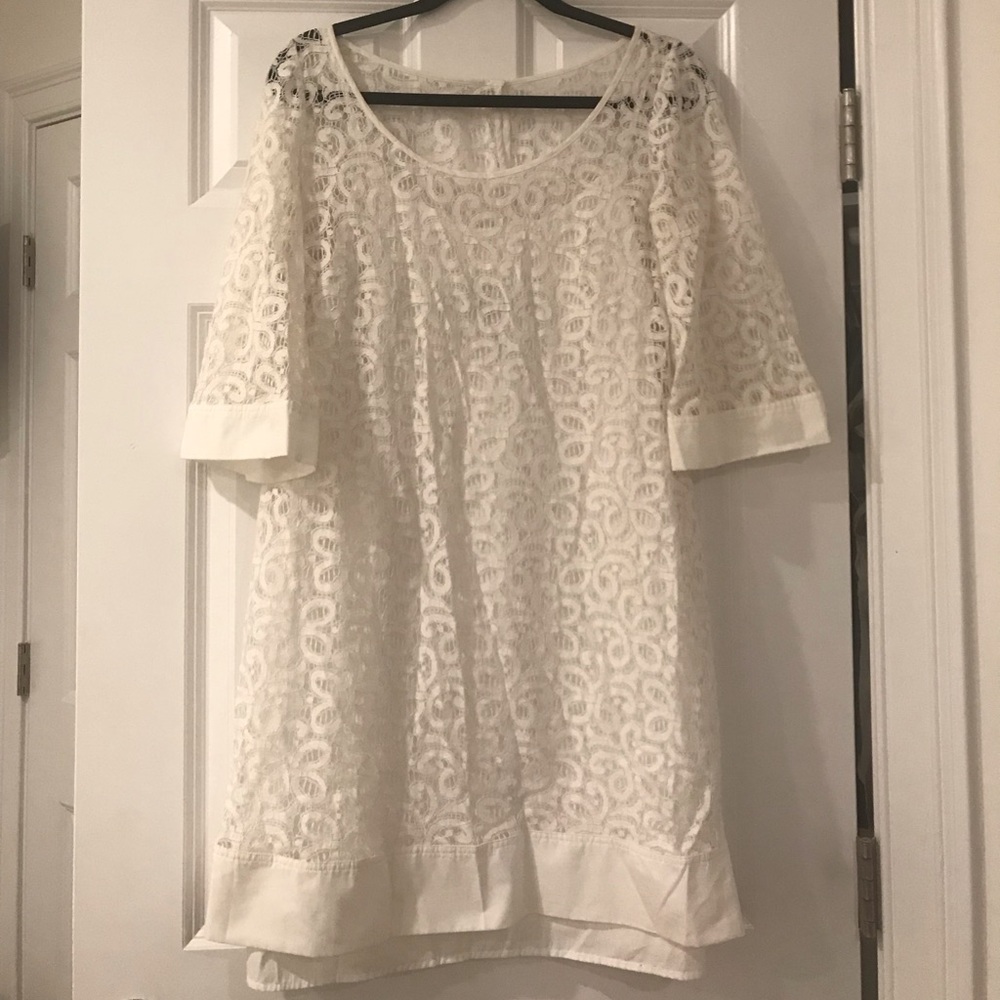 White Lace 3/4 Sleeve Shift Dress